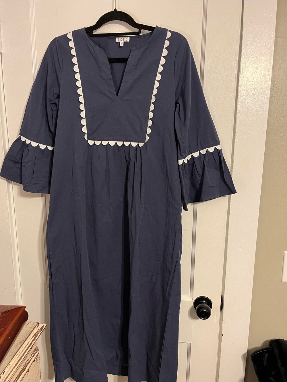TCEC Navy Dress with White Scallop Trim and Pockets